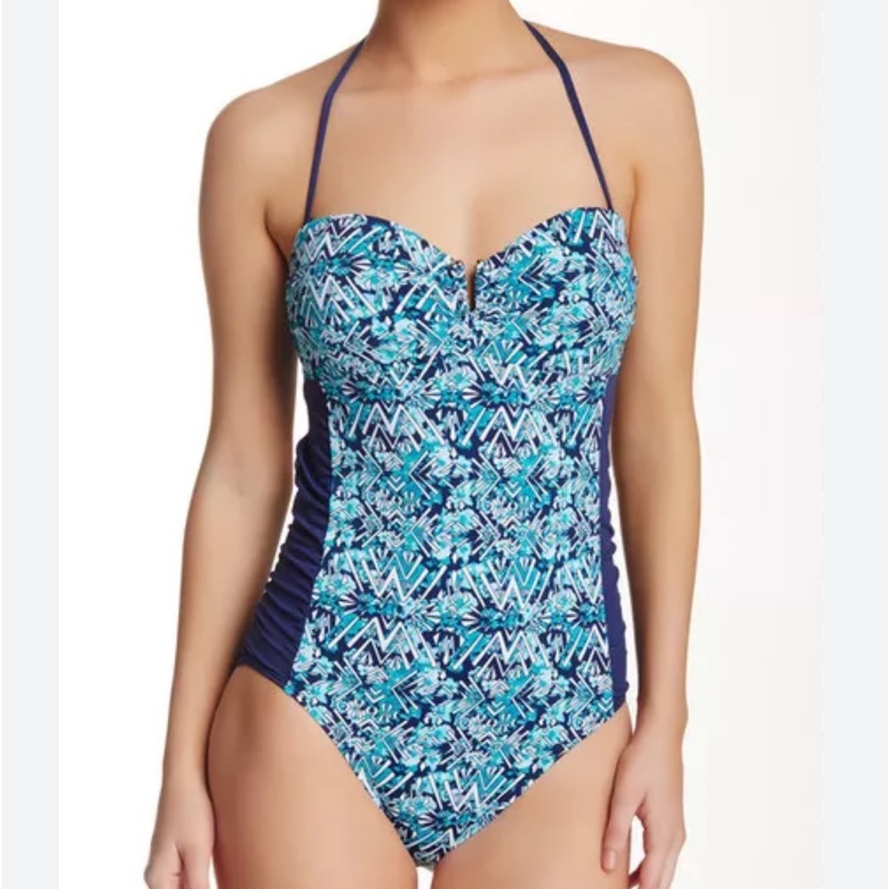 NWT TART 1pc Swimsuit Aloni Center Wire Bandeau Halter Blue Print Navy Shirring